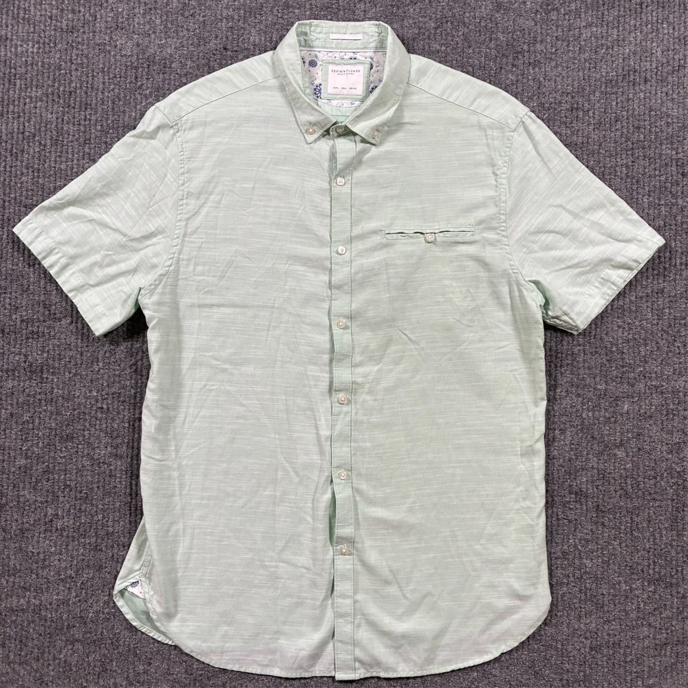 Denim & Flower Mens Button Down Shirt Size L Green Cotton Blend Short Sleeve